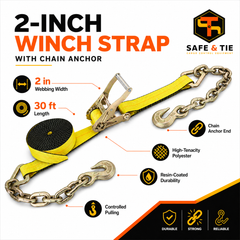 2-Inch x 30 ft Winch Strap with Chain Anchor (Yellow)