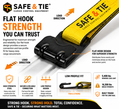 4-Inch x 30 ft Premium Strap with Flat Hooks (Yellow) - 5,400 LBS WLL