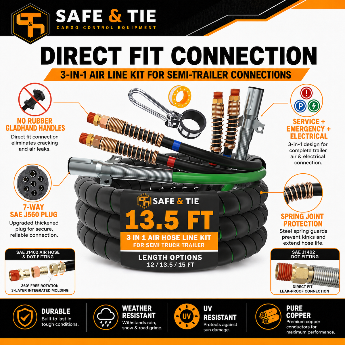 Semi Truck Air Lines Kit 3IN1 Trailer Cord and Air Brake Hoses Assembly Without Rubber Gladhand Handles for Semi Truck Trailer Tractor