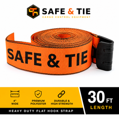 4-Inch x 30 ft Premium Strap with Flat Hooks (Orange) - 5,400 LBS WLL