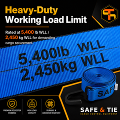4-Inch x 30 ft Premium Strap with Flat Hooks (Blue) - 5,400 LBS WLL