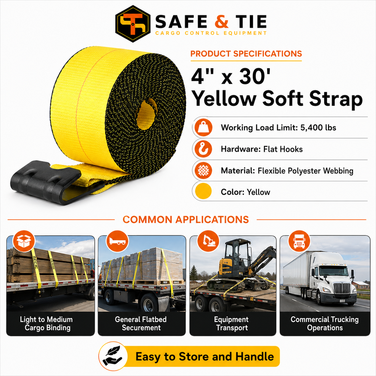 STRAP 4X30 WITH FLAT HOOK 5400LB YELLOW SOFT STRAP