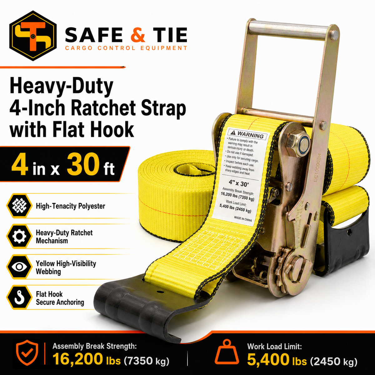 4-Inch x 30 ft Ratchet Strap with Flat Hook