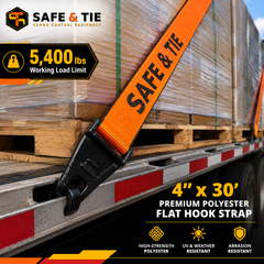 4-Inch x 30 ft Premium Strap with Flat Hooks (Orange) - 5,400 LBS WLL