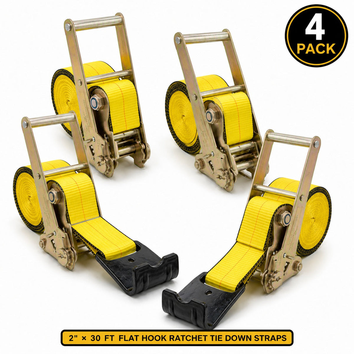 4 Pack 4" x 30' Ratchet Strap with Flat Hook