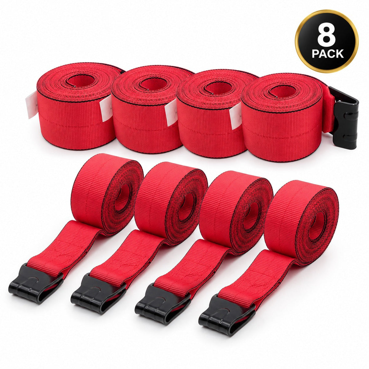 8 Pack 4" x 30' Premium Strap with Flat Hooks (Red) – 5,400 LBS WLL