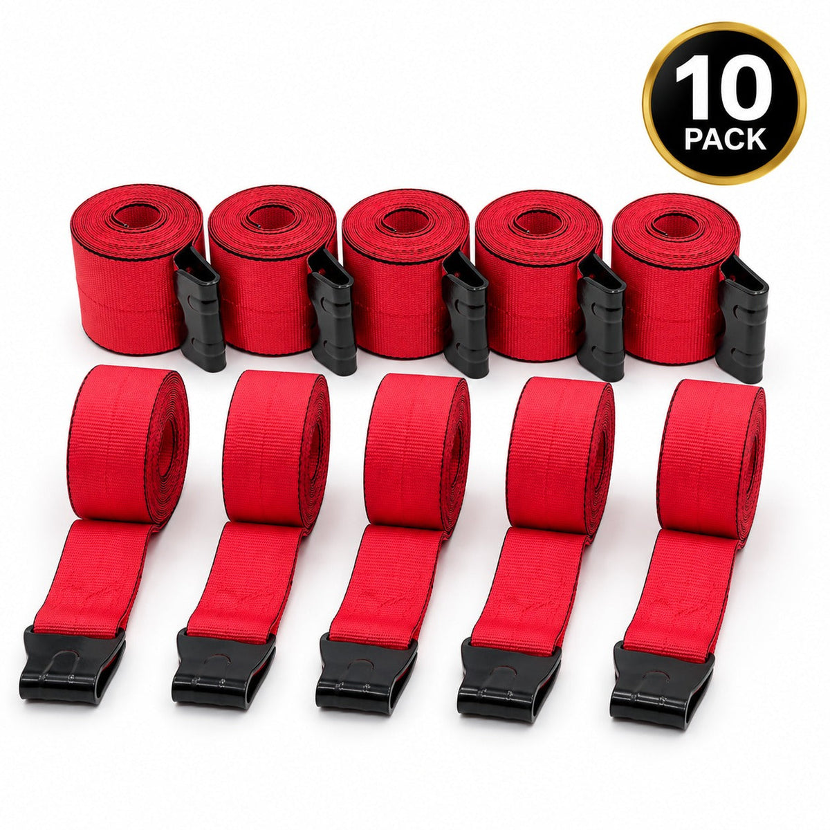 10 Pack 4" x 30' Premium Strap with Flat Hooks (Red) – 5,400 LBS WLL