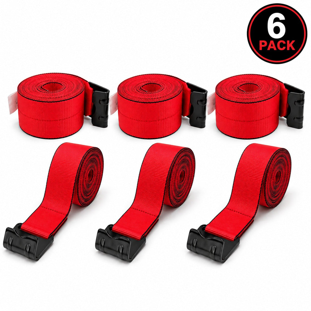 6 Pack 4" x 30' Premium Strap with Flat Hooks (Red) – 5,400 LBS WLL