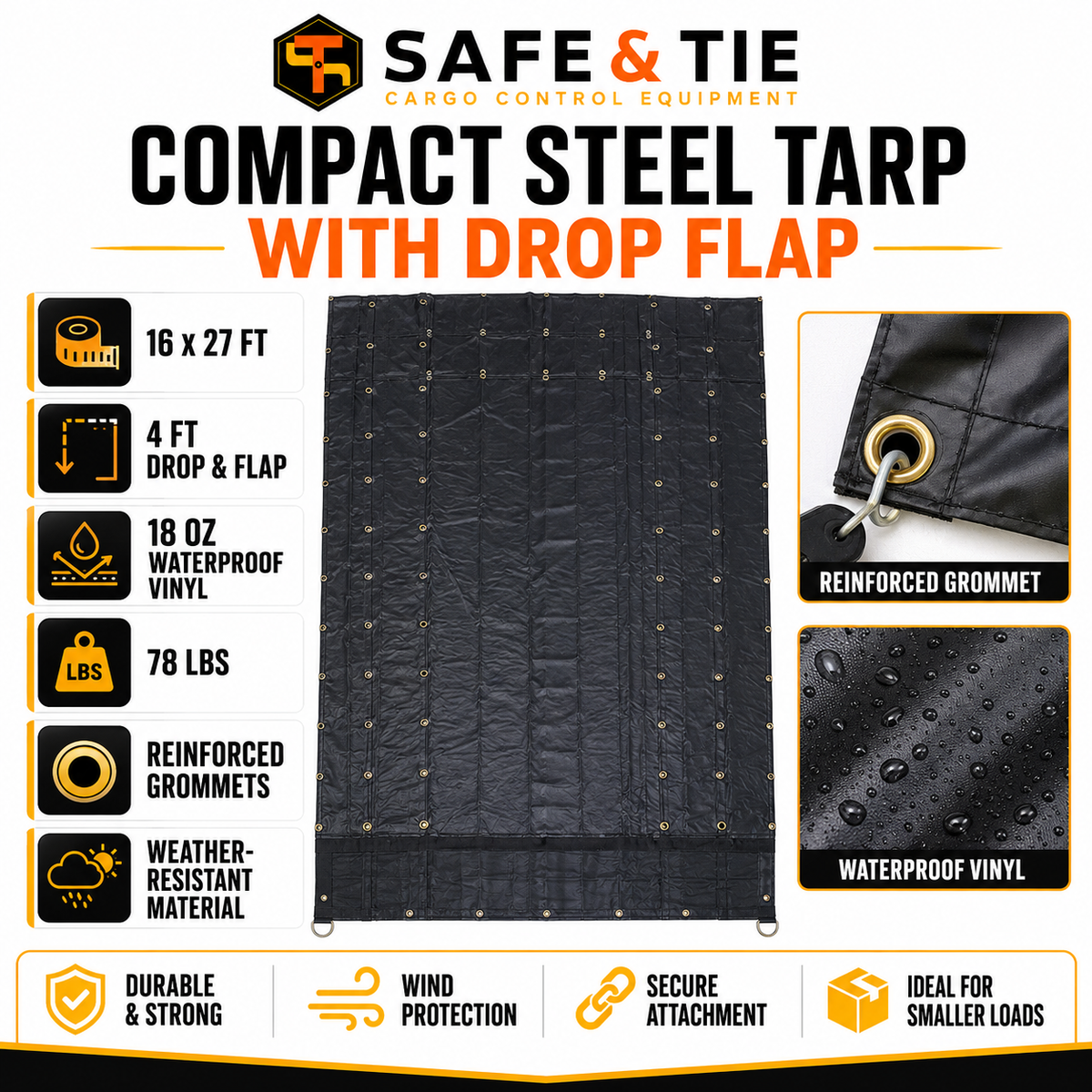 16 x 27 ft Flatbed Steel Tarp with 4 ft Drop and Flap